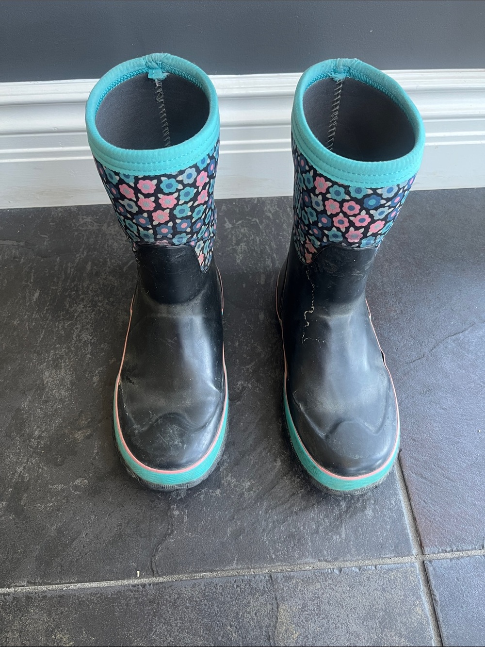 Bogs Black Floral Rain Boots with Teal Trim 6